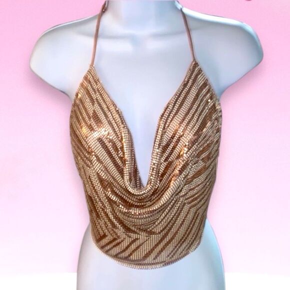 RAMY BROOK Top Halter NEW Metallic Chainmail Printed Rosa Gold Size 0 XXS - Picture 5 of 7